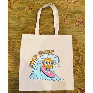 STAY WAVY Beige Cotton Canvas Mellow Positive Tote Bag NEW